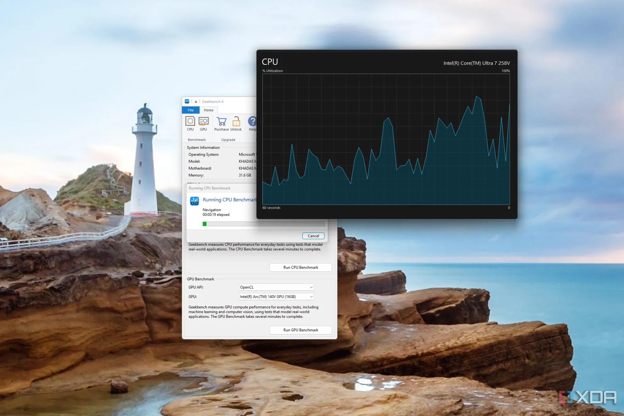 Biểu đồ sử dụng CPU trong Task Manager được tập trung dưới dạng tiện ích nổi.