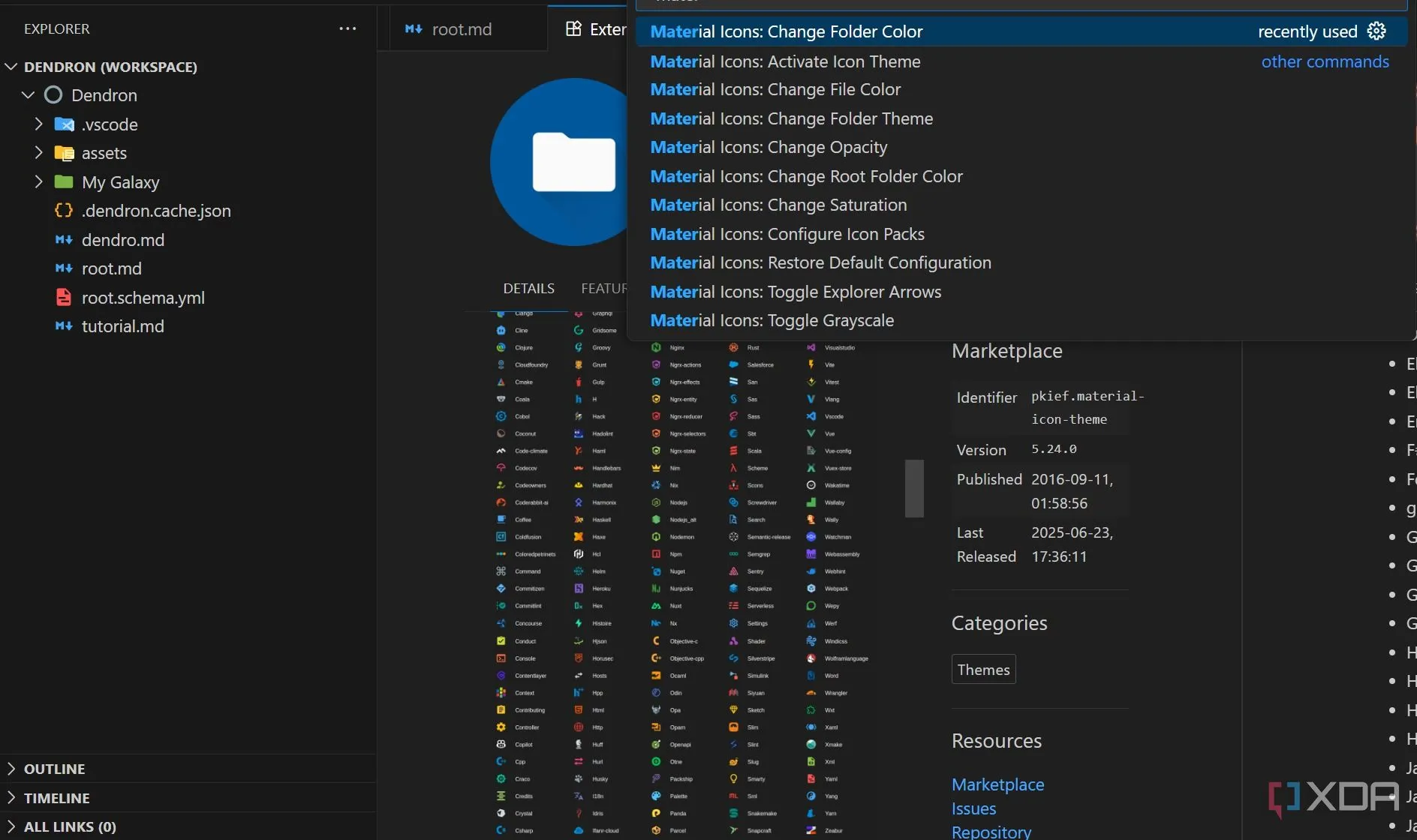 Bộ biểu tượng Material Icon Theme giúp nhận diện nhanh chóng các loại tệp và ngôn ngữ lập trình trong VS Code