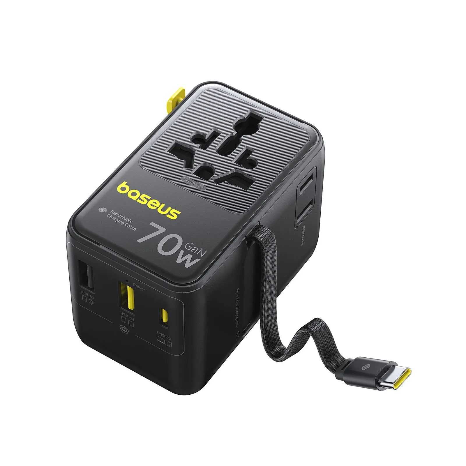Bộ chuyển đổi du lịch đa năng Baseus EnerCore 6-in-1 với cáp USB-C rút gọn và các loại chân cắm phổ biến.