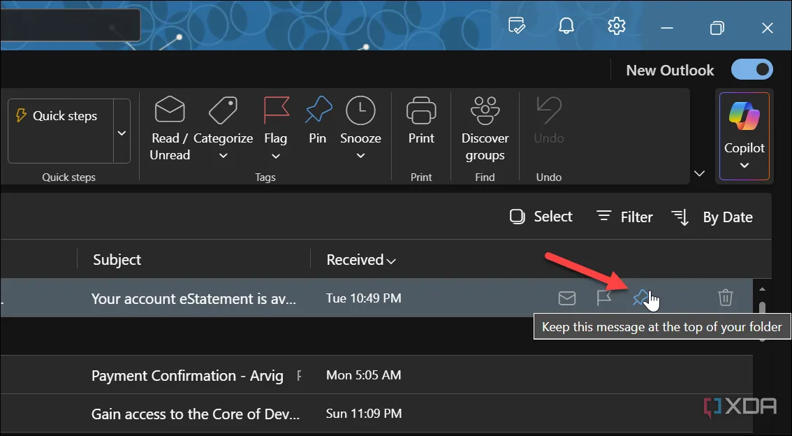 Cách ghim email quan trọng lên đầu hộp thư trong ứng dụng Outlook mới