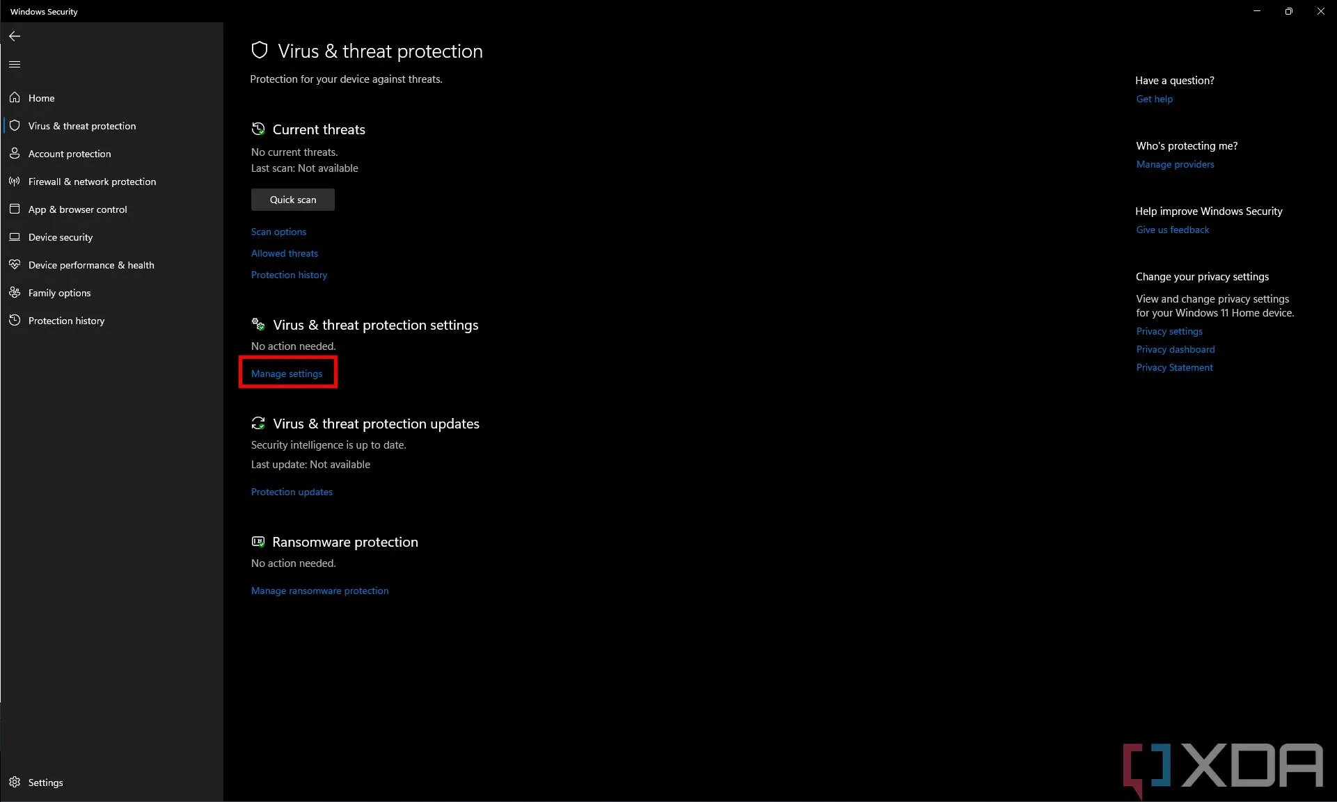 Cài đặt bảo vệ khỏi virus và mối đe dọa trong Microsoft Defender để vô hiệu hóa