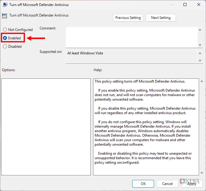 Cài đặt chính sách Group Policy Editor chọn &quot;Enabled&quot; để vô hiệu hóa hoàn toàn Microsoft Defender