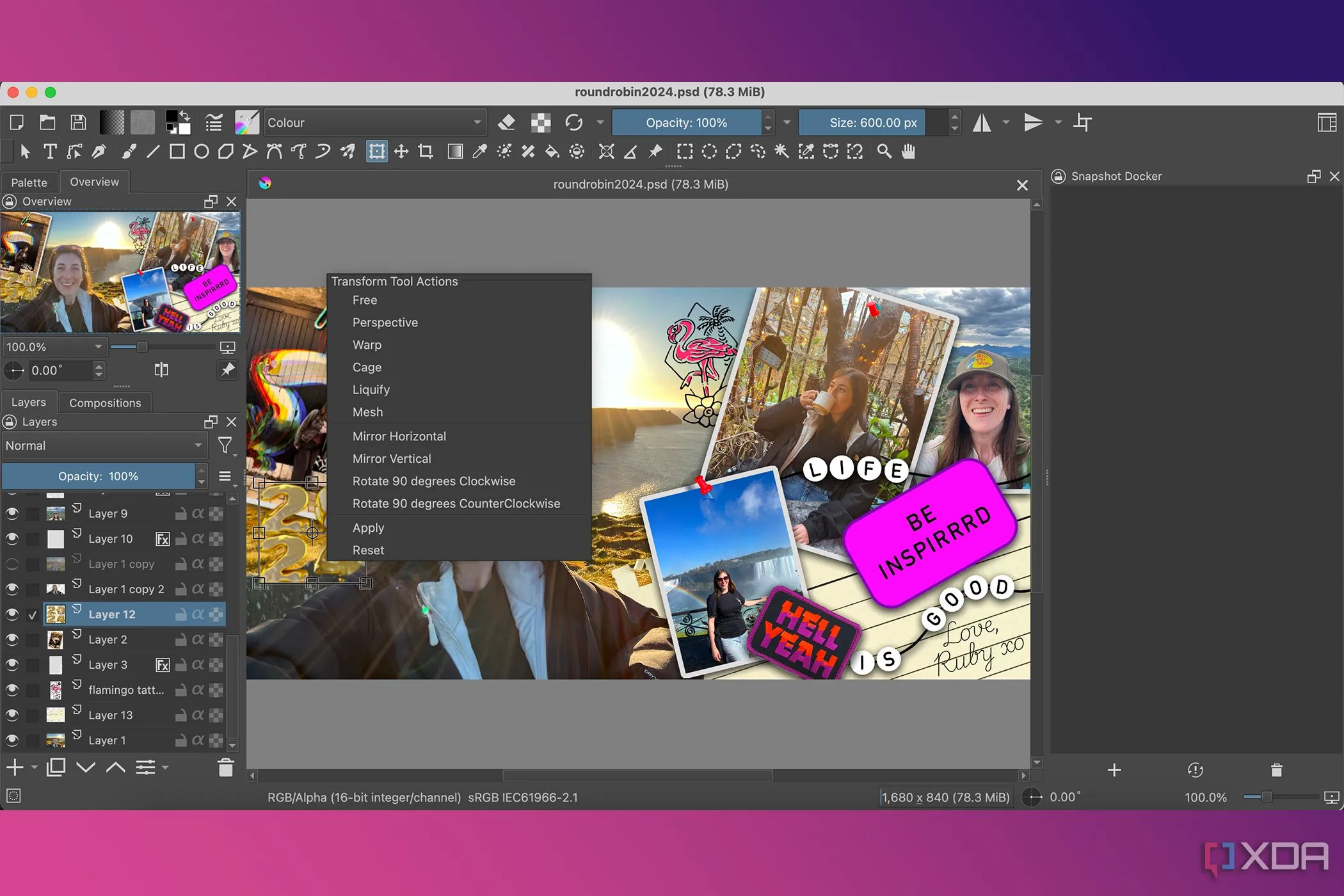 Cài đặt công cụ biến đổi (Transform Tool) trong Krita, cung cấp các tùy chọn chỉnh sửa hình ảnh chi tiết.