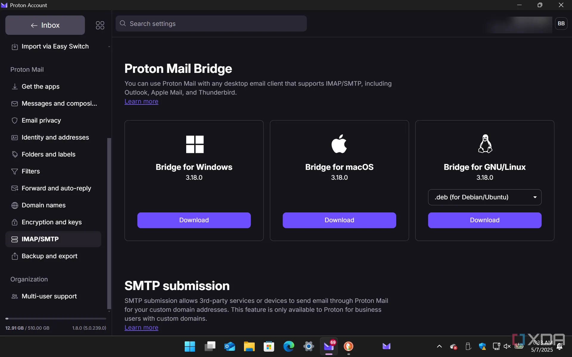 Cài đặt IMAP/SMTP và Proton Mail Bridge trong giao diện Proton Mail, thể hiện các tính năng nâng cao