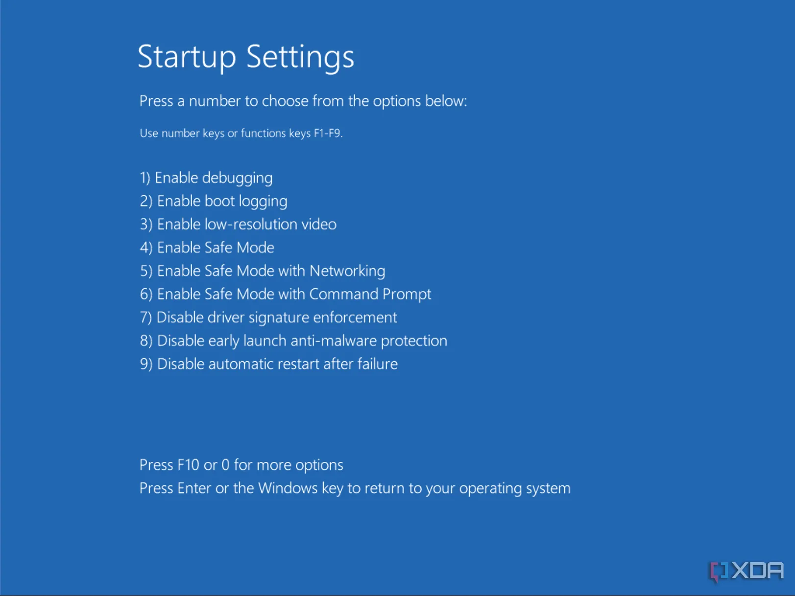 Cài đặt khởi động Windows hiển thị các tùy chọn để thay đổi cách tải Windows, bao gồm vô hiệu hóa kiểm tra chữ ký driver