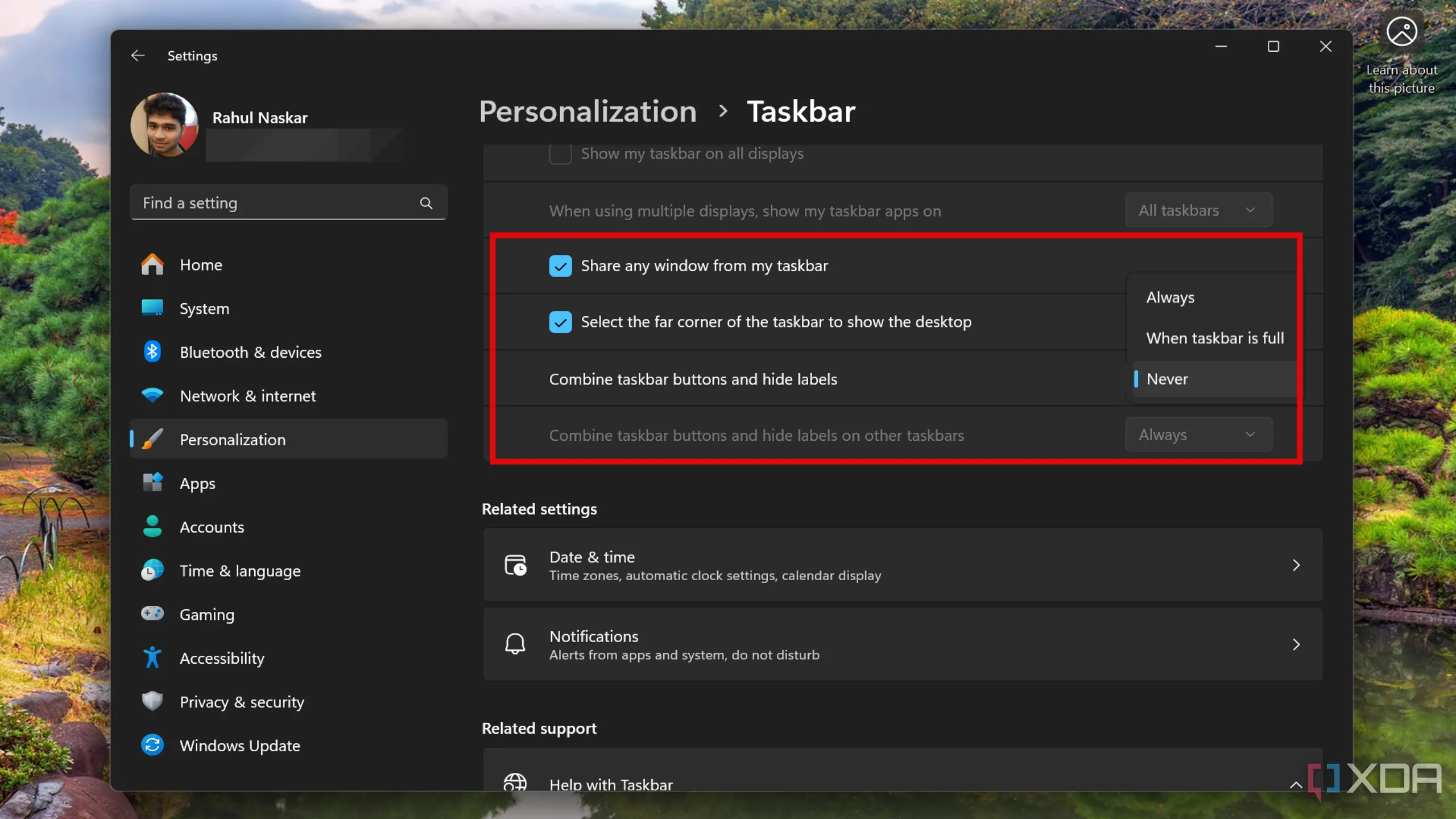 Cài đặt &quot;Không bao giờ kết hợp các nút trên thanh tác vụ&quot; trong Cài đặt Windows 11