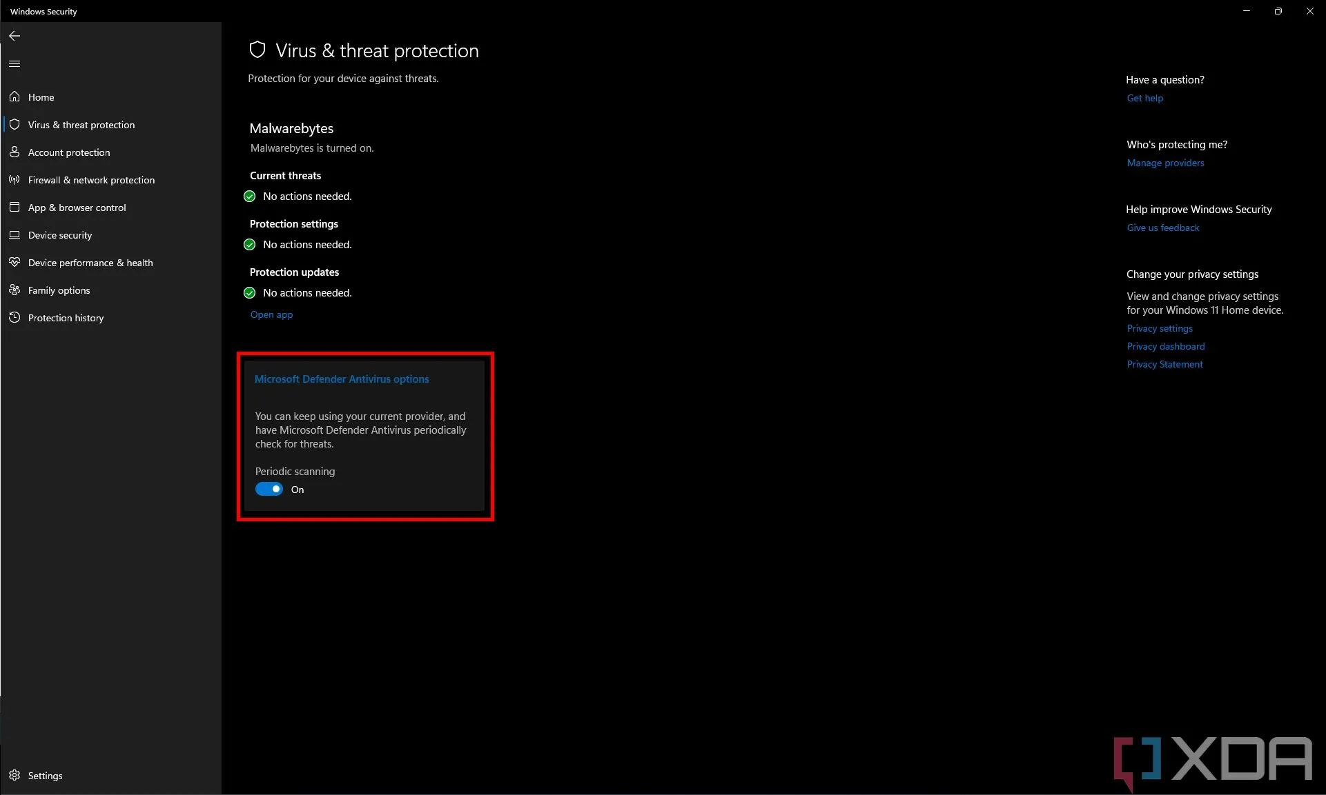 Cài đặt Microsoft Defender với tùy chọn quét định kỳ được bật khi có phần mềm diệt virus bên thứ ba