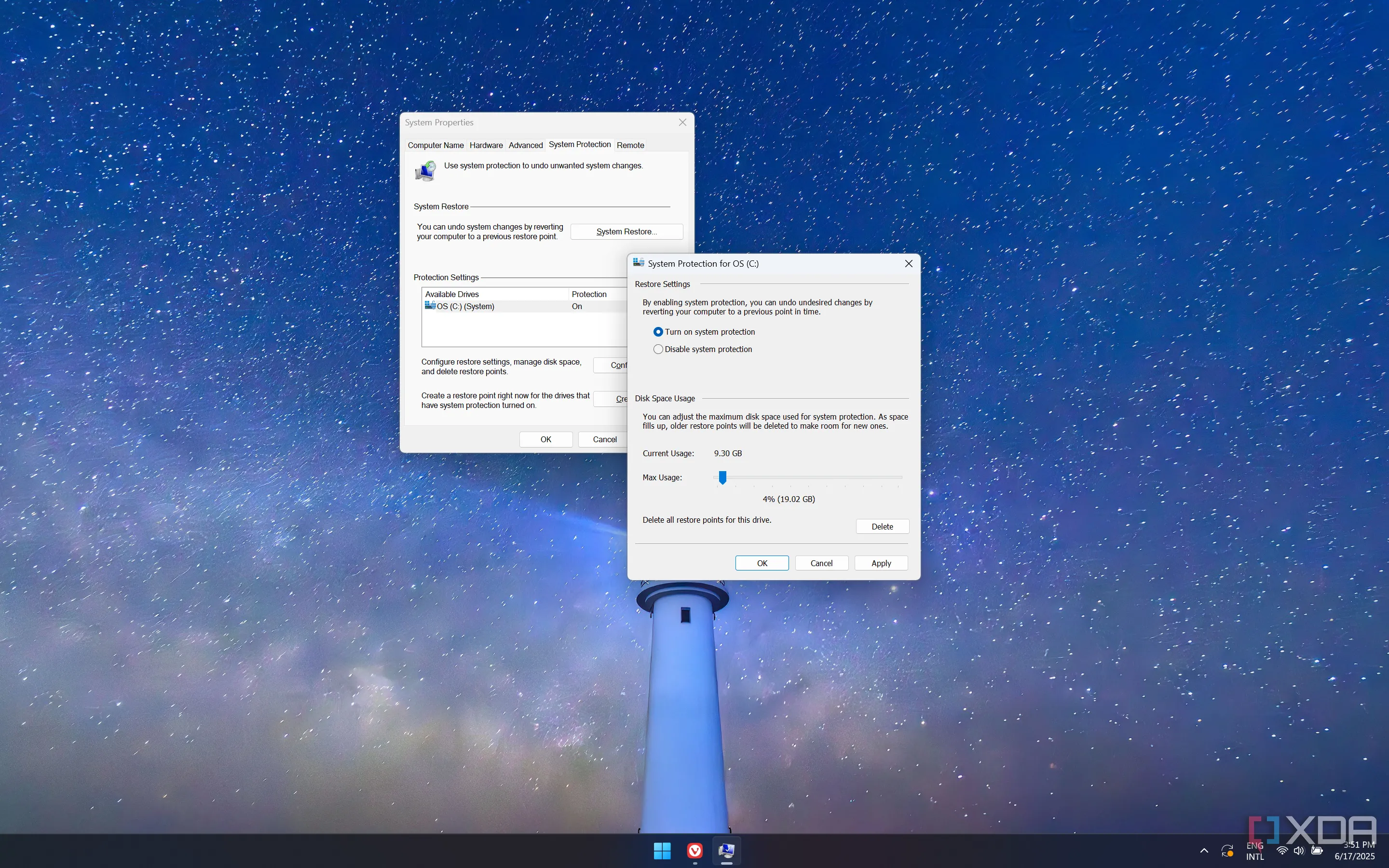 Cài đặt System Restore trên Windows 11 cho phép cấu hình dung lượng lưu trữ