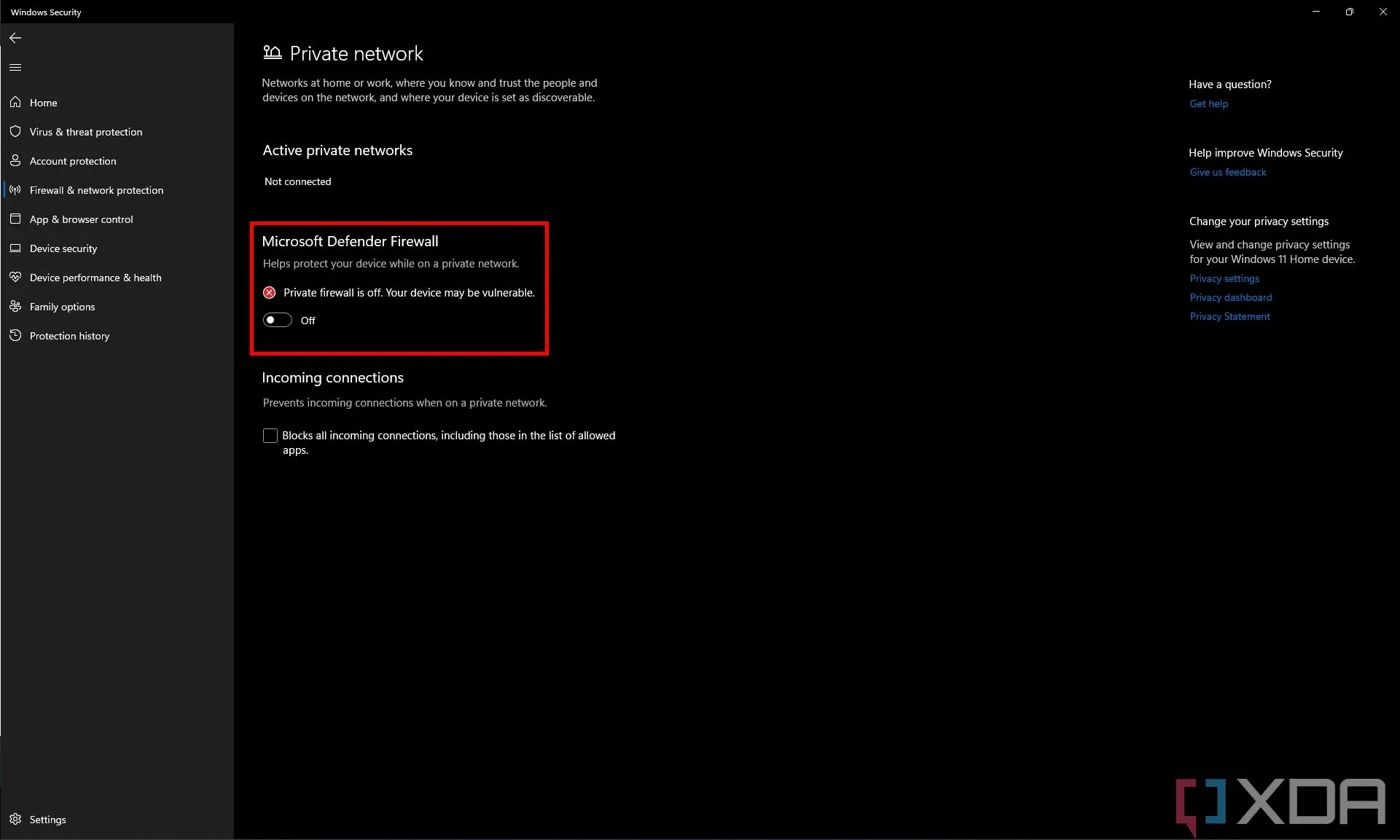Cài đặt tường lửa Microsoft Defender cho mạng riêng tư hiển thị trạng thái đã tắt