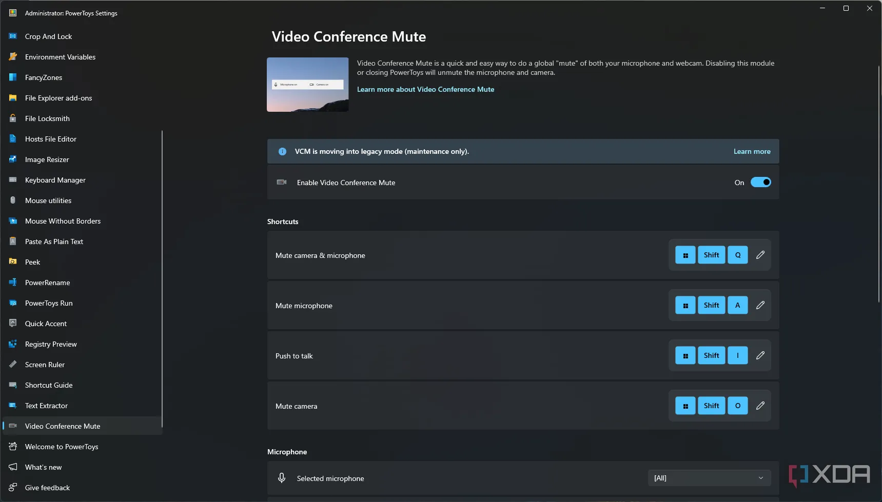 Cài đặt Video Conference Mute trong PowerToys, giúp người dùng tắt mic và camera tức thì trong các cuộc họp trực tuyến