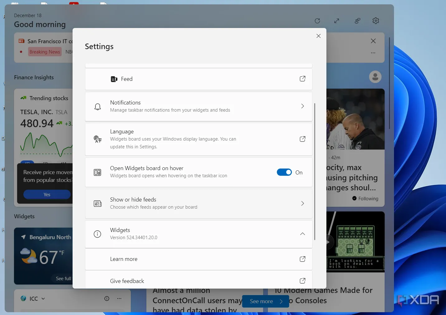 Cài đặt Widget trên Windows 11 cho phép tắt tùy chọn &quot;Feeds&quot; để loại bỏ tin tức.