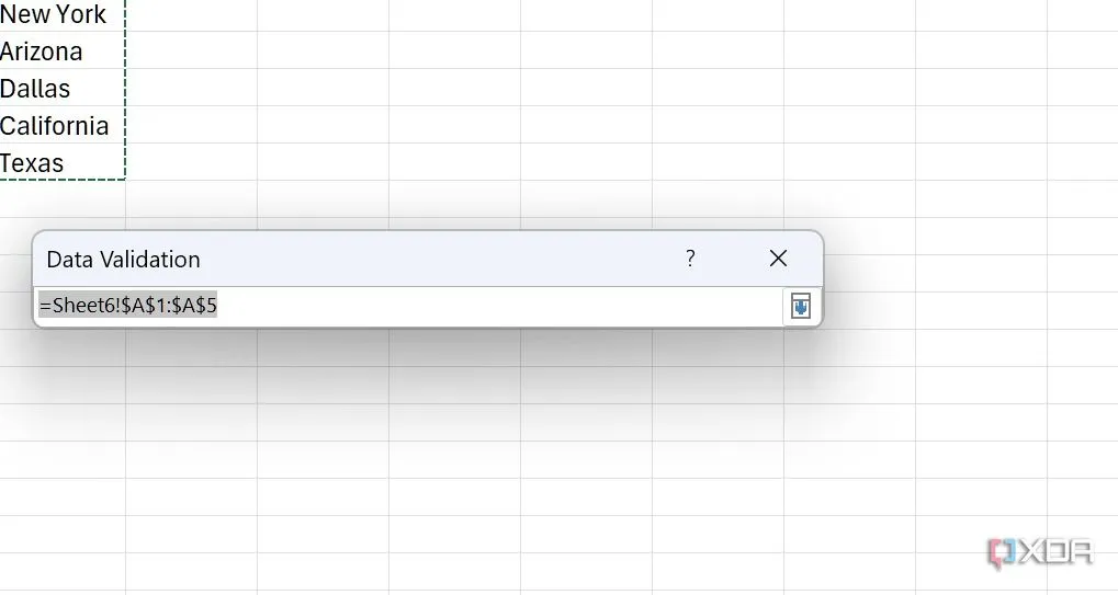 Chọn phạm vi ô chứa các giá trị nguồn cho danh sách thả xuống trong Data Validation Excel