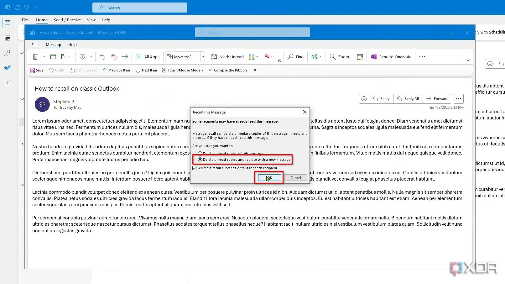 Chọn tùy chọn &quot;Delete unread copies and replace with a new message&quot; để thay thế email đã thu hồi.