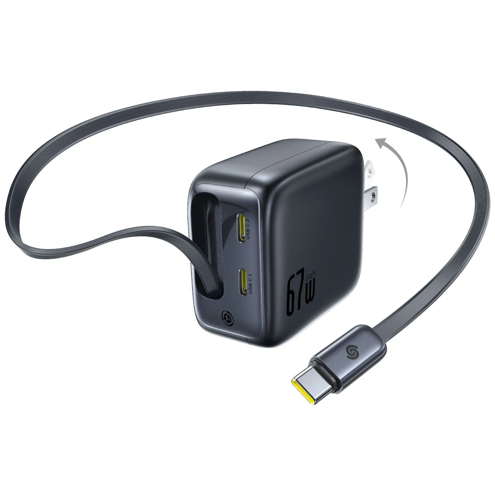 Củ sạc Baseus EnerCore CJ11 67W với cáp USB-C rút gọn và cổng USB-A.