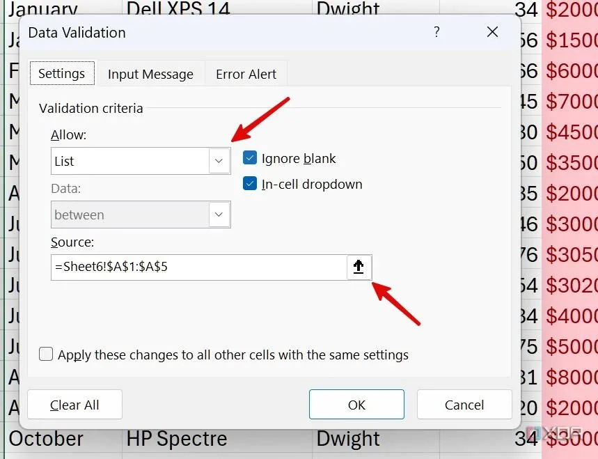 Cửa sổ cài đặt Data Validation trong Excel, cho phép chọn loại xác thực là List từ danh sách các tùy chọn