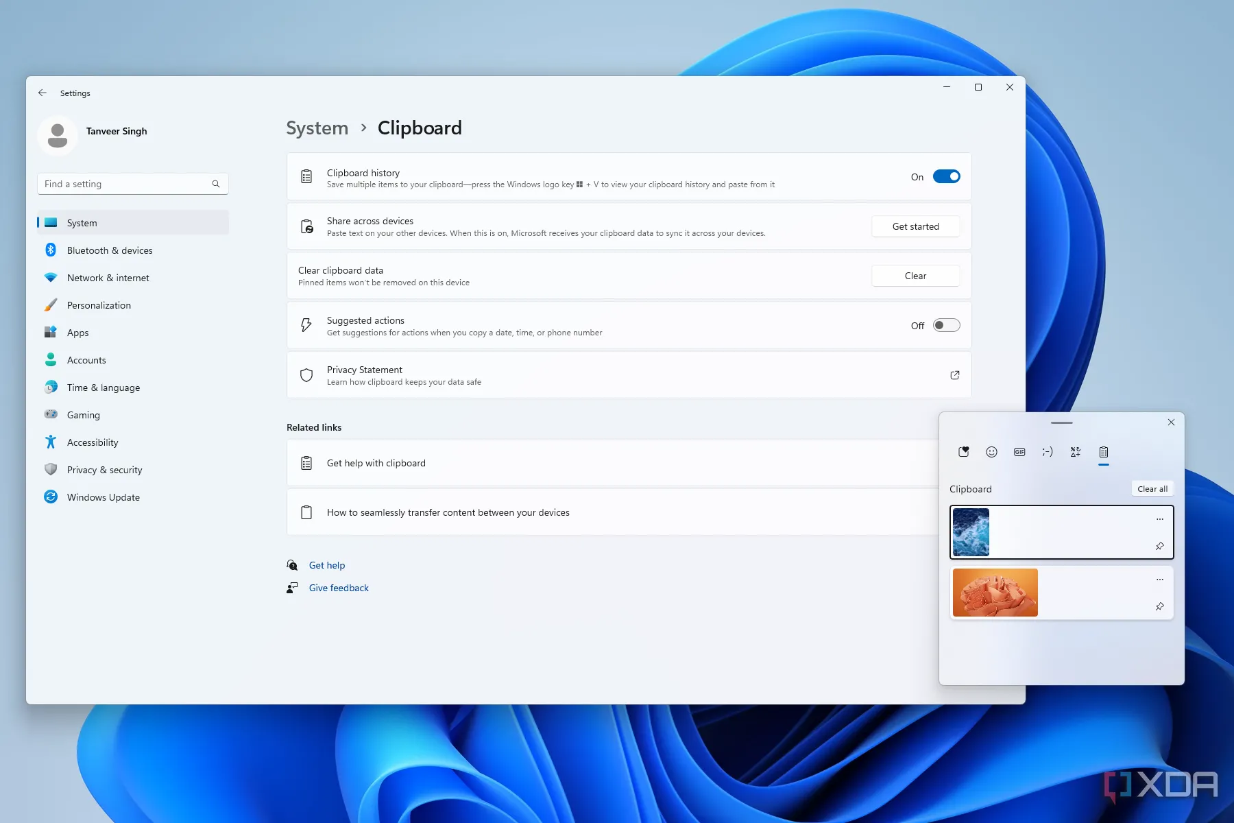 Cửa sổ cài đặt lịch sử clipboard trên Windows 11, nơi người dùng có thể kích hoạt tính năng đồng bộ hóa.