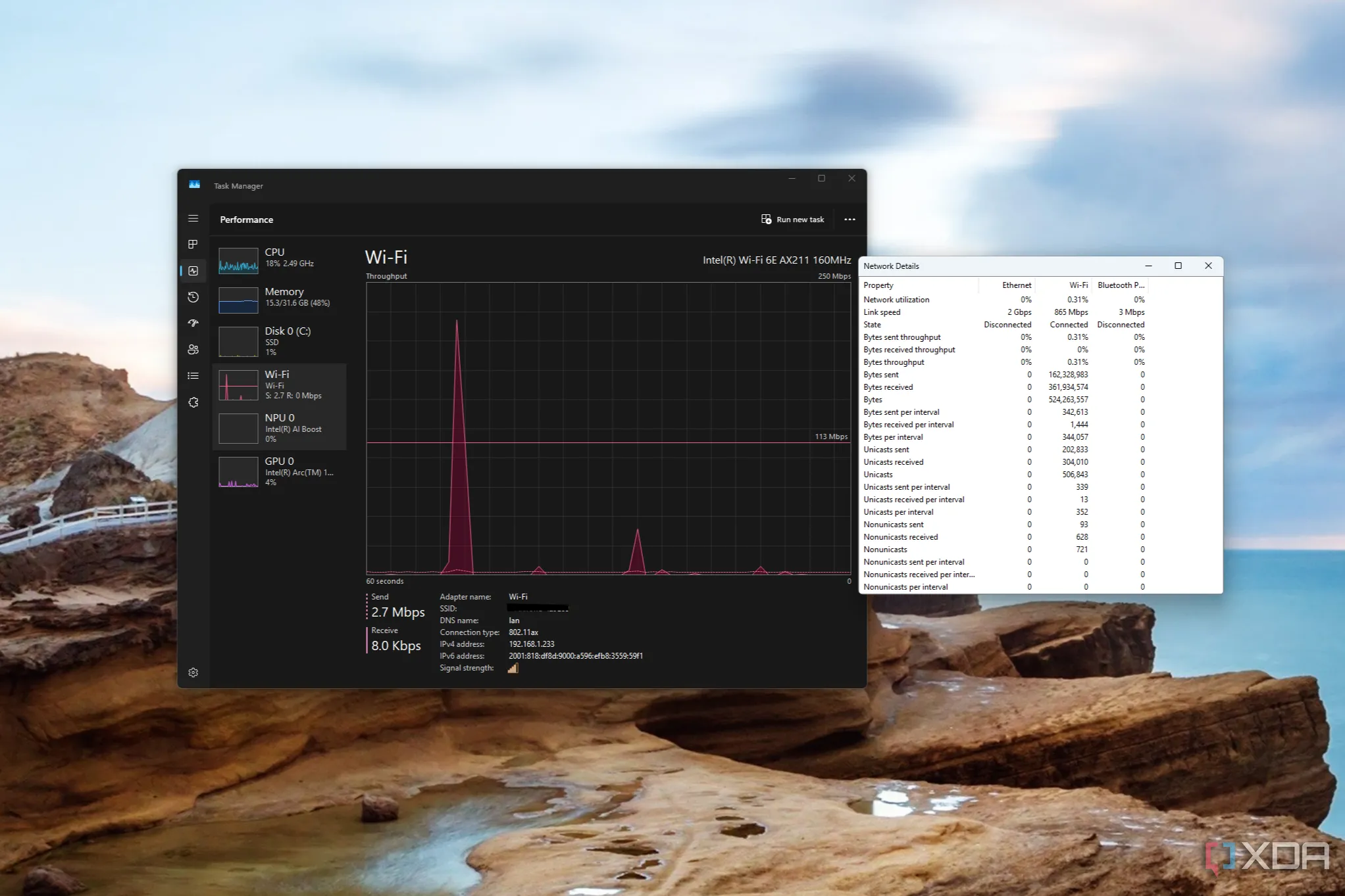 Cửa sổ chi tiết mạng trong Task Manager hiển thị thông tin sử dụng mạng.