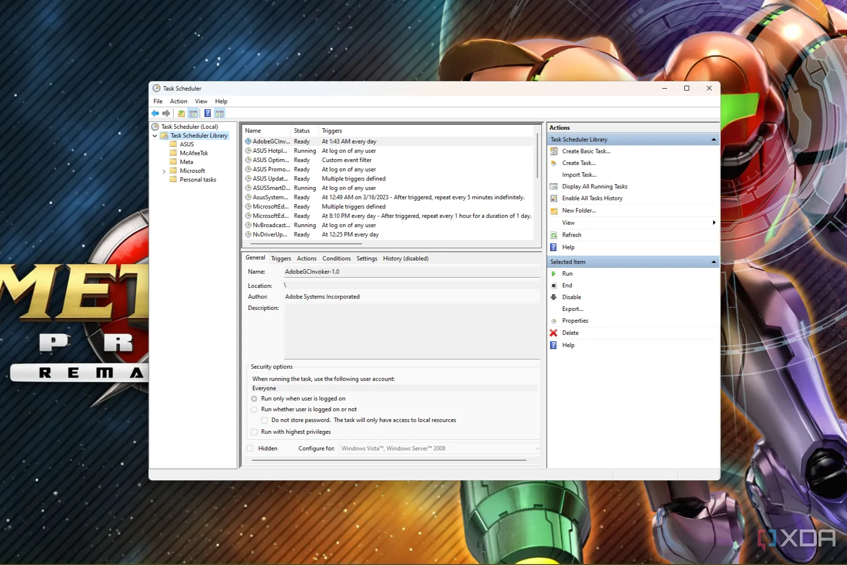 Cửa sổ tạo tác vụ nâng cao trong Windows Task Scheduler, minh họa khả năng tự động hóa chi tiết