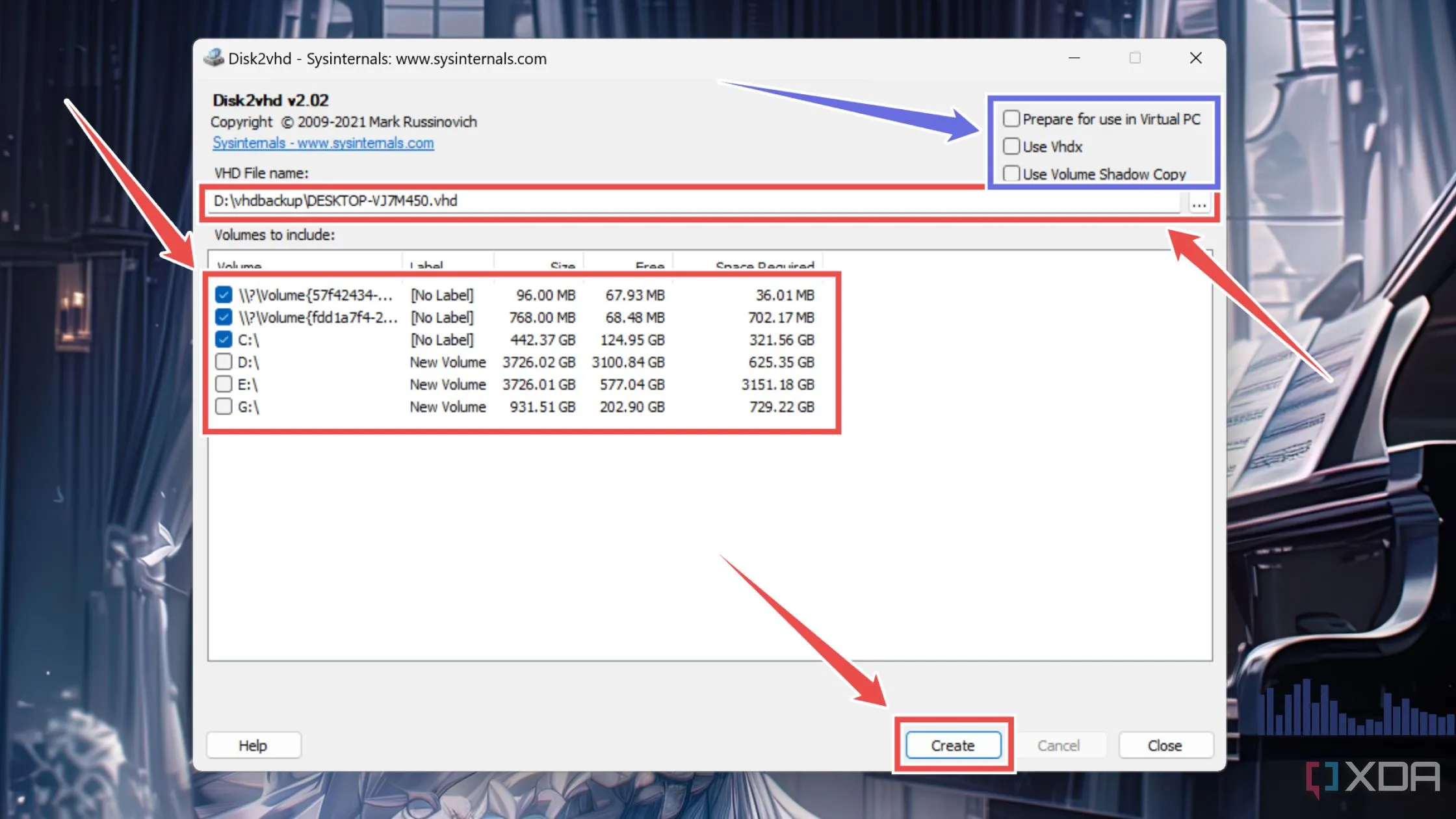 Cửa sổ tùy chọn công cụ Disk2vhd khi tạo file VHD từ ổ đĩa Windows 11