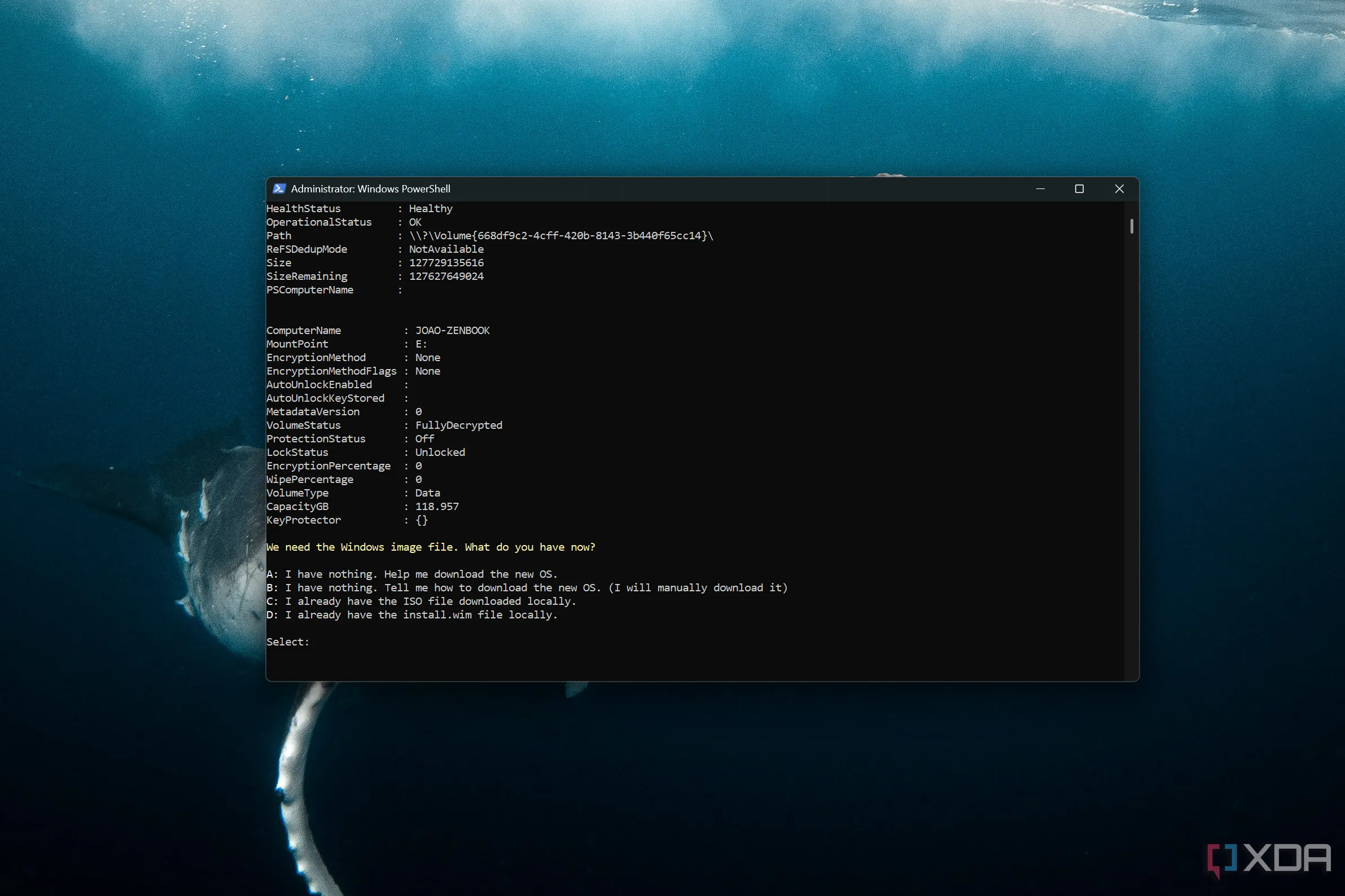 Cửa sổ Windows Terminal hiển thị lệnh cài đặt lại Windows 11 trên ổ đĩa mới.