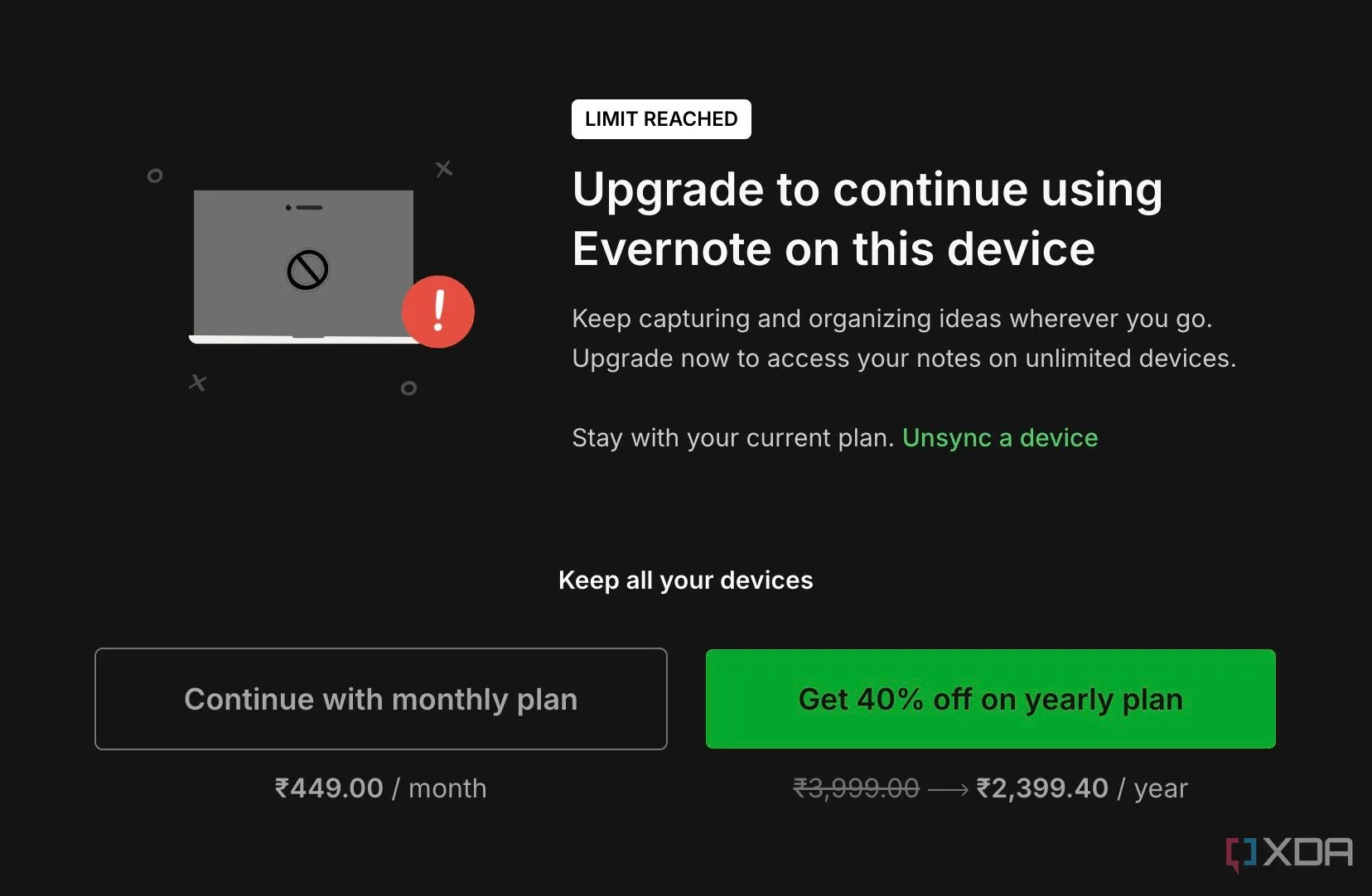 Evernote hiển thị thông báo yêu cầu nâng cấp tài khoản để sử dụng trên nhiều thiết bị