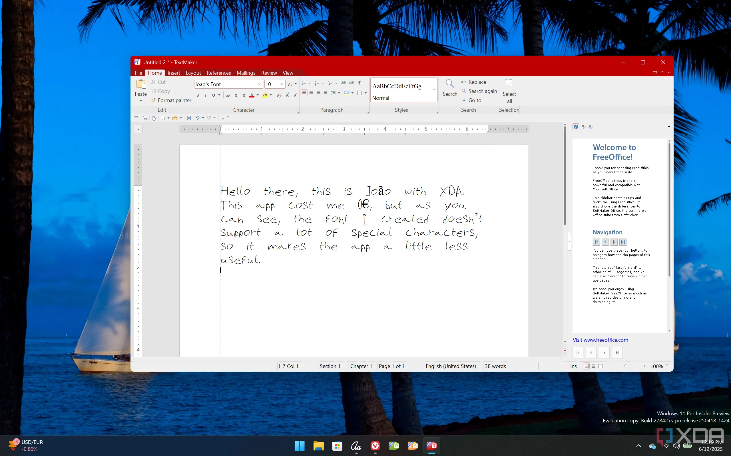 Font chữ cá nhân tạo bằng Microsoft Font Maker hiển thị ký tự thiếu trong Softmaker FreeOffice