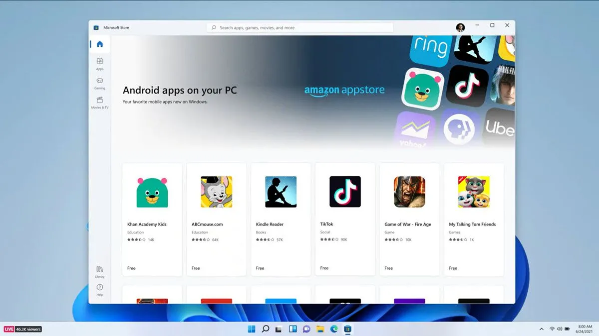 Giao diện các ứng dụng Android đang chạy trên Windows 11, thể hiện trải nghiệm người dùng tiềm năng của WSA.