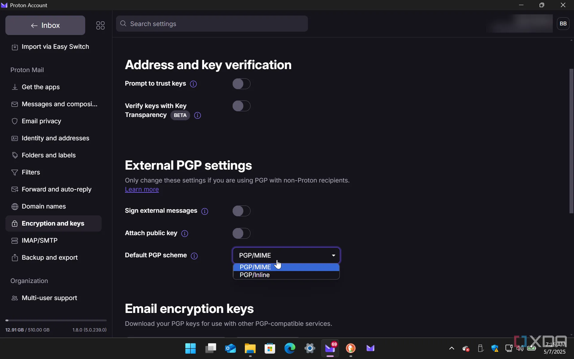 Giao diện cài đặt mã hóa và bảo mật trong ứng dụng Proton Mail trên Windows 11