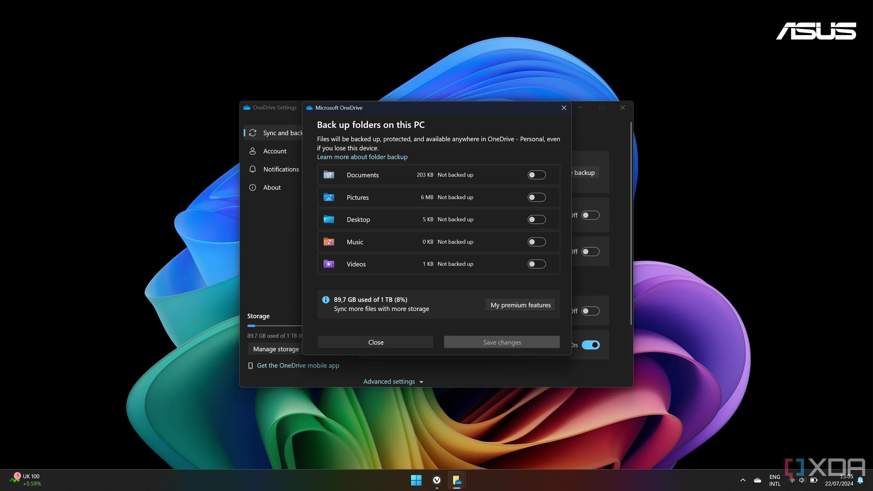 Giao diện cài đặt OneDrive trên Windows 11, hiển thị tùy chọn tắt sao lưu thư mục, thể hiện việc Microsoft liên tục gợi ý bật lại