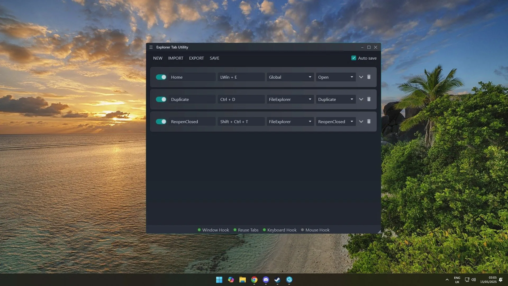Giao diện chính của Explorer Tab Utility với các phím tắt tùy chỉnh ban đầu trên Windows
