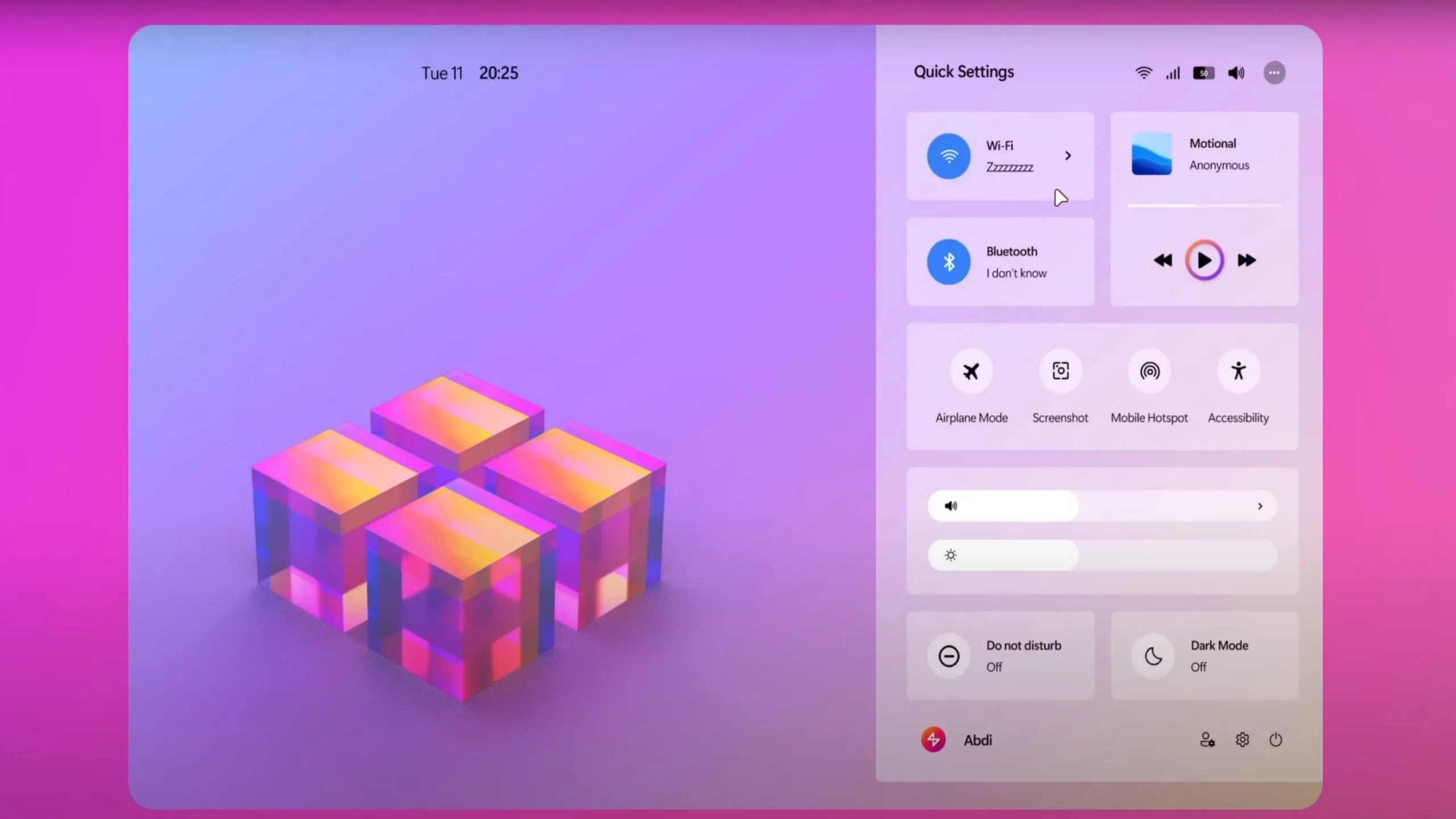 Giao diện concept Windows 25 với menu Start tùy biến và widget nổi trên màn hình desktop