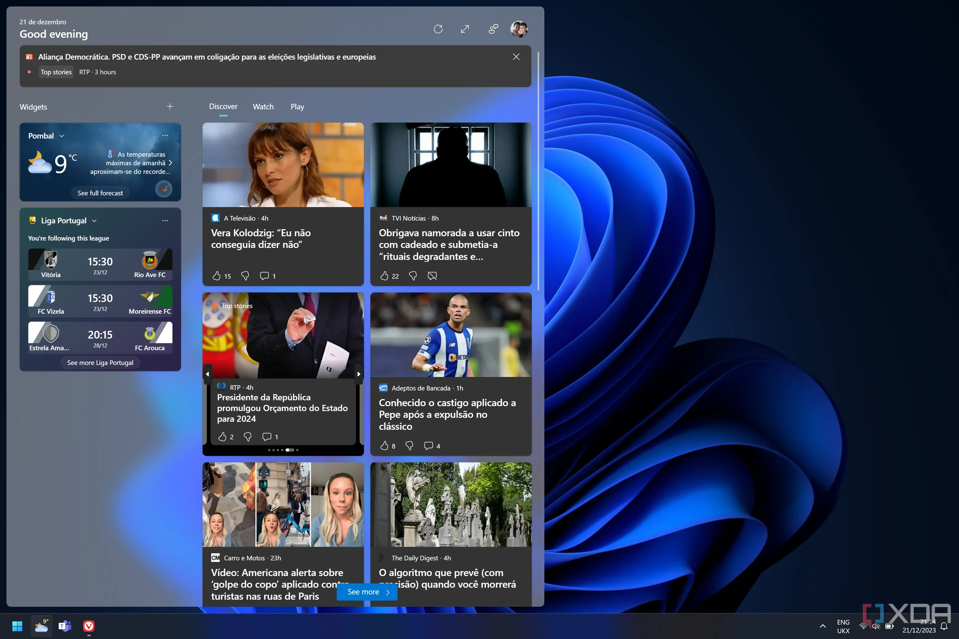 Giao diện desktop Windows 11 với bảng Widgets đang mở