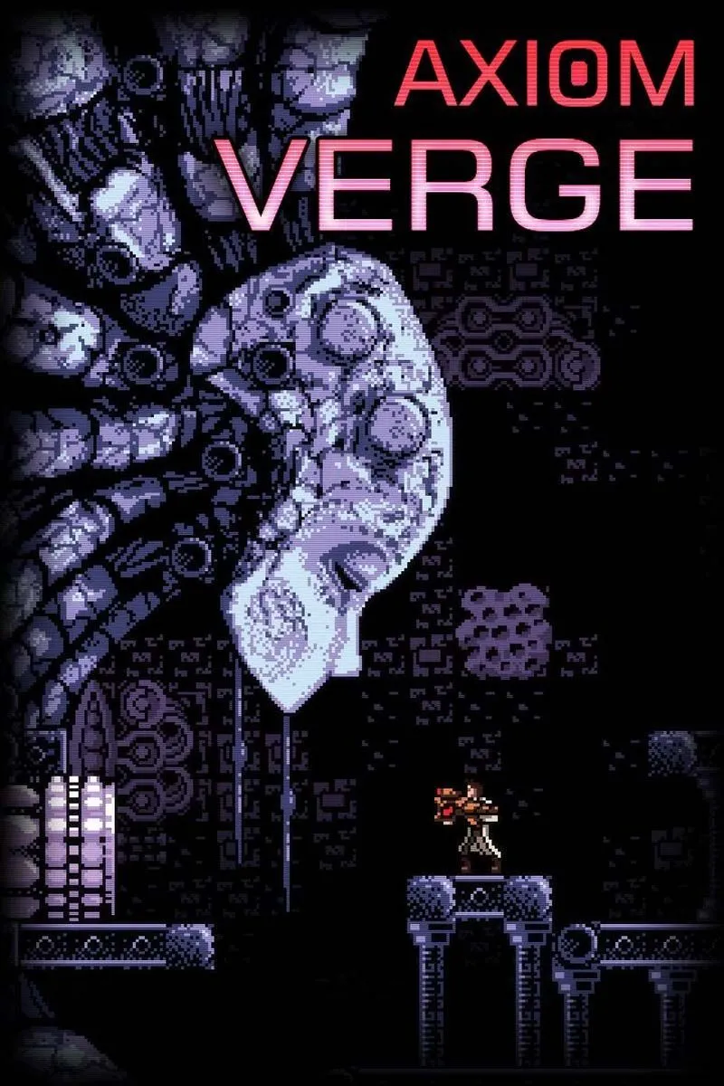 Giao diện game Axiom Verge với đồ họa pixel art đặc trưng và nhân vật chính ở trung tâm màn hình