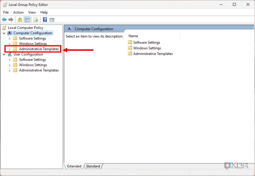 Giao diện Group Policy Editor với mục &quot;Administrative Templates&quot; được chọn để tắt Defender