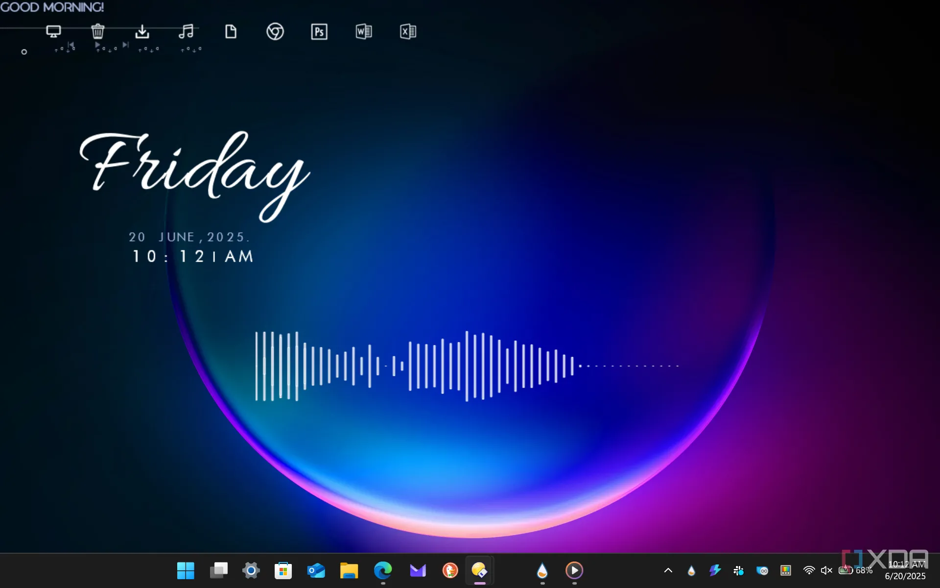 Giao diện Inside Dream Rainmeter với nền Windows, hiển thị đồng hồ và thanh công cụ tiện ích