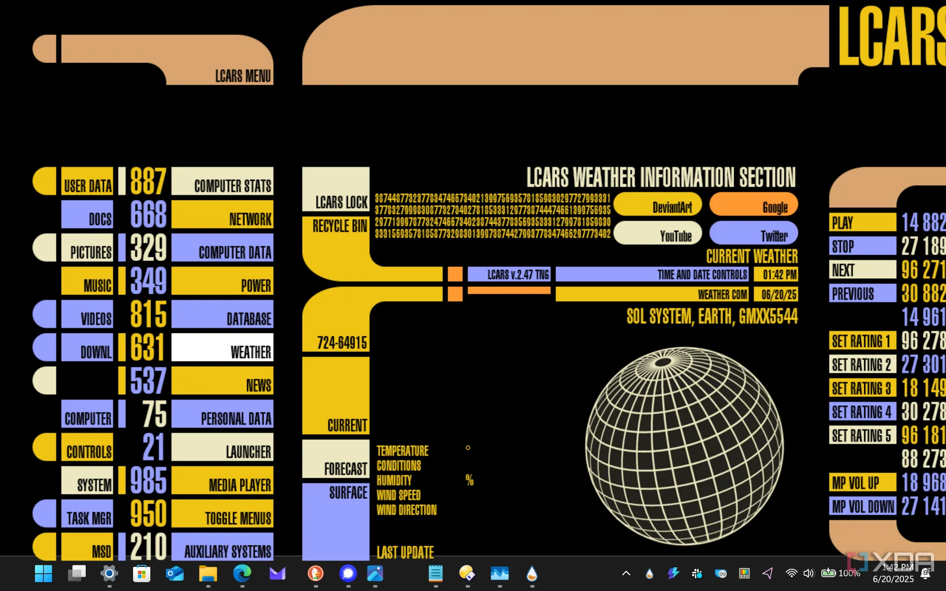 Giao diện LCARS V2 Rainmeter với phong cách Star Trek TNG cổ điển
