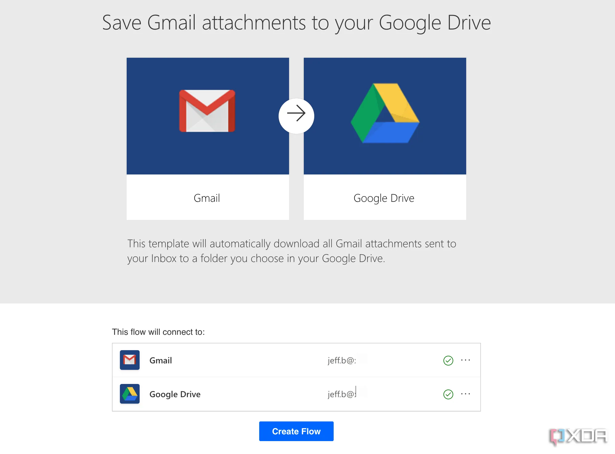 Giao diện Microsoft Power Automate minh họa quy trình tự động lưu tệp đính kèm Gmail