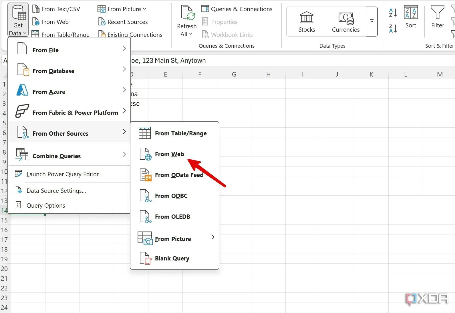 Giao diện nhập dữ liệu từ Web trong Excel