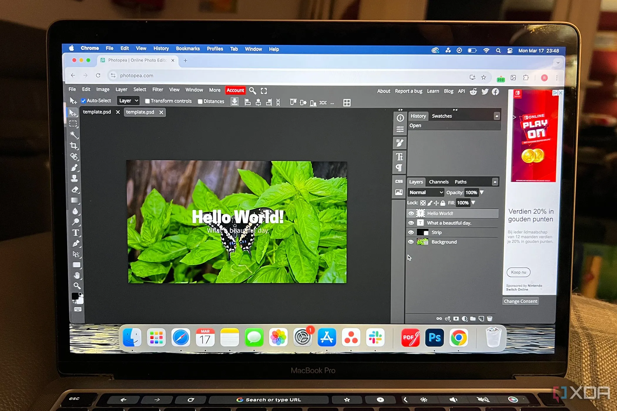 Giao diện phần mềm Photopea đang hiển thị trên màn hình MacBook, thể hiện khả năng chỉnh sửa ảnh mạnh mẽ trực tuyến