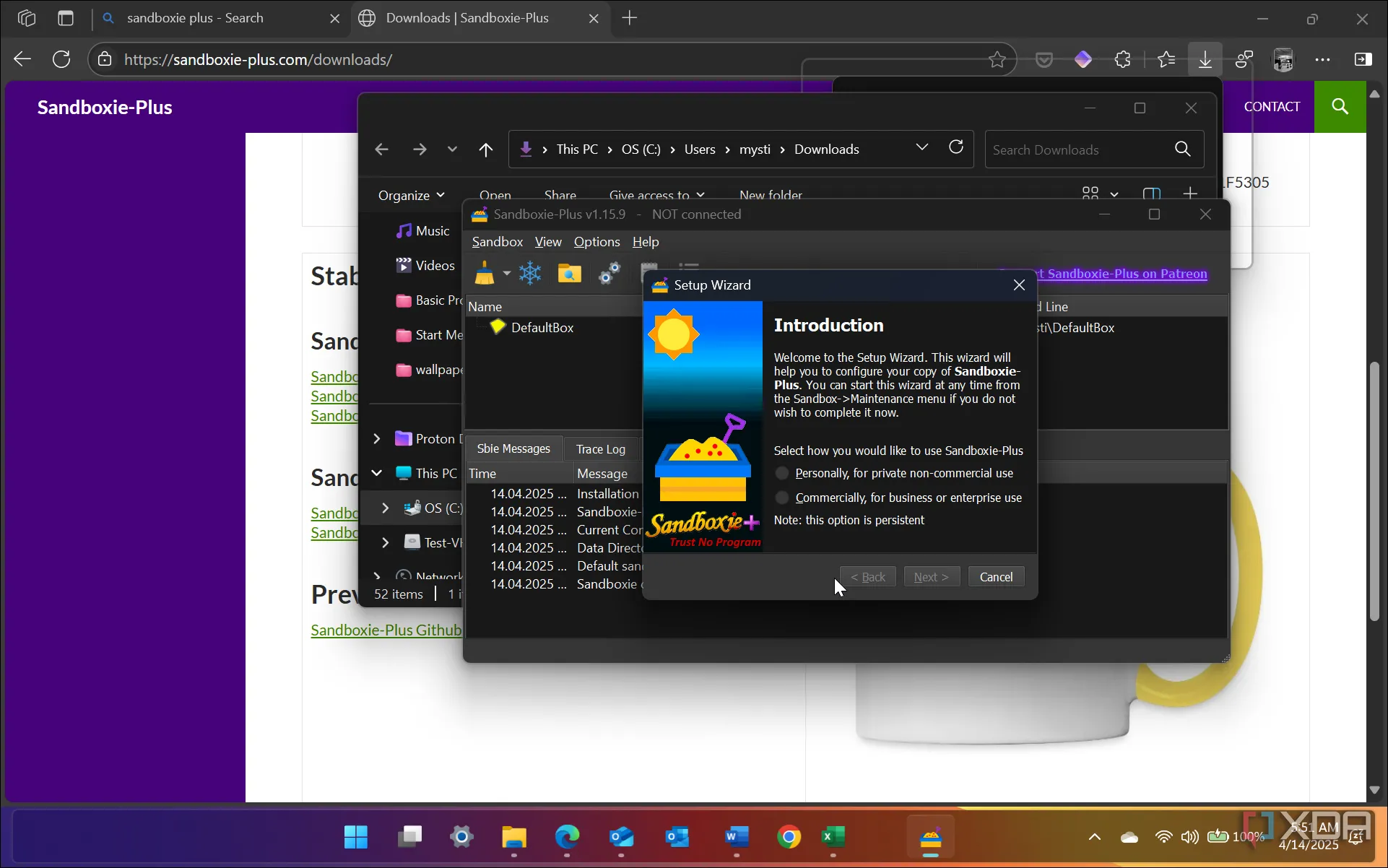Giao diện phần mềm Sandboxie Plus đang chạy trên Windows 11