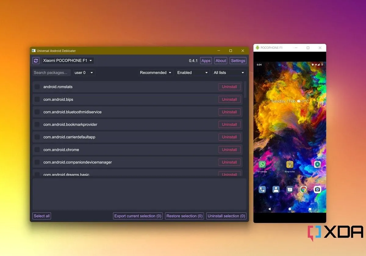 Giao diện phần mềm Universal Android Debloater hiển thị danh sách bloatware cần loại bỏ