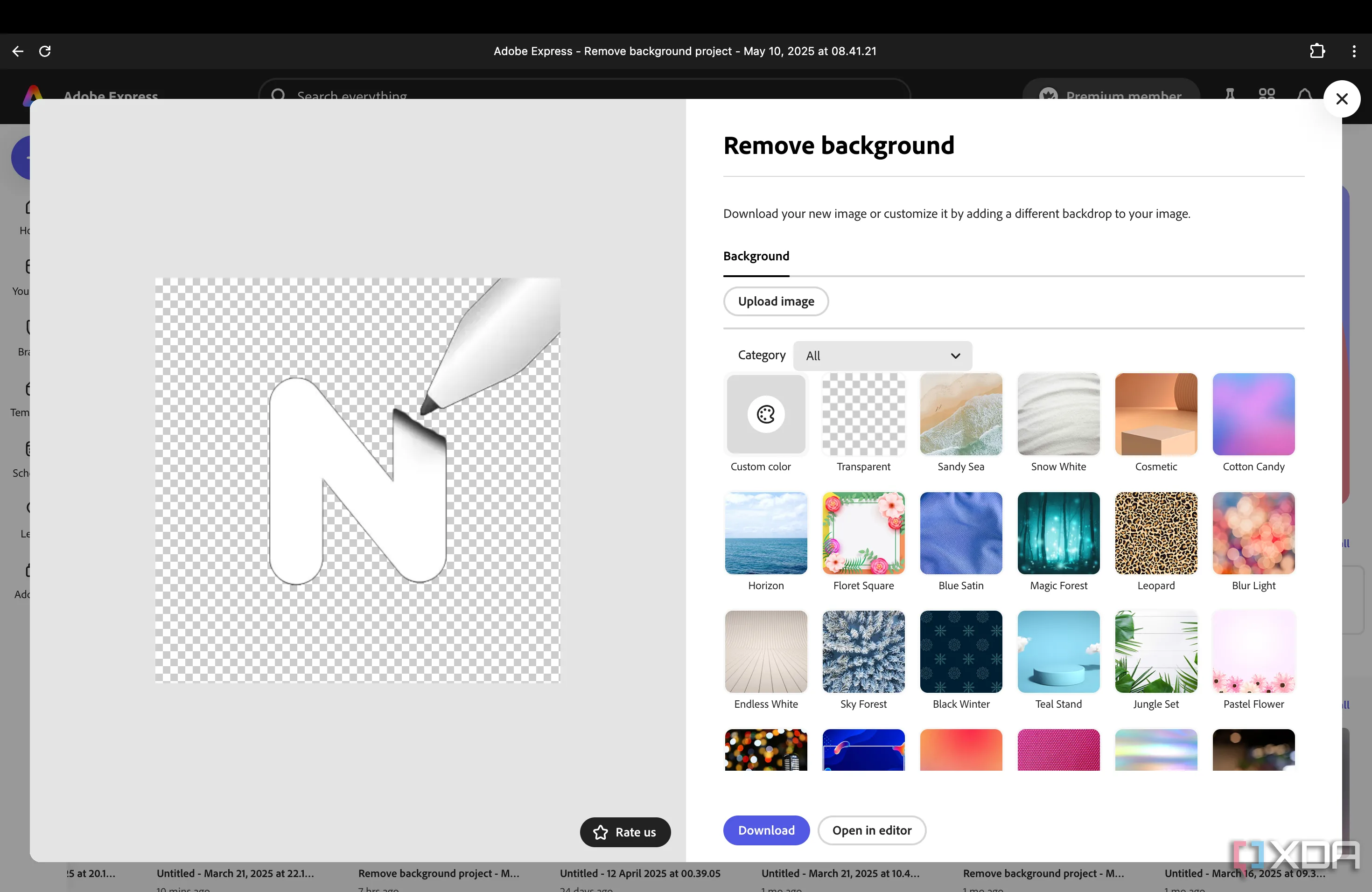 Giao diện Quick Actions của Adobe Express, hiển thị tùy chọn xóa nền nhanh cho hình ảnh