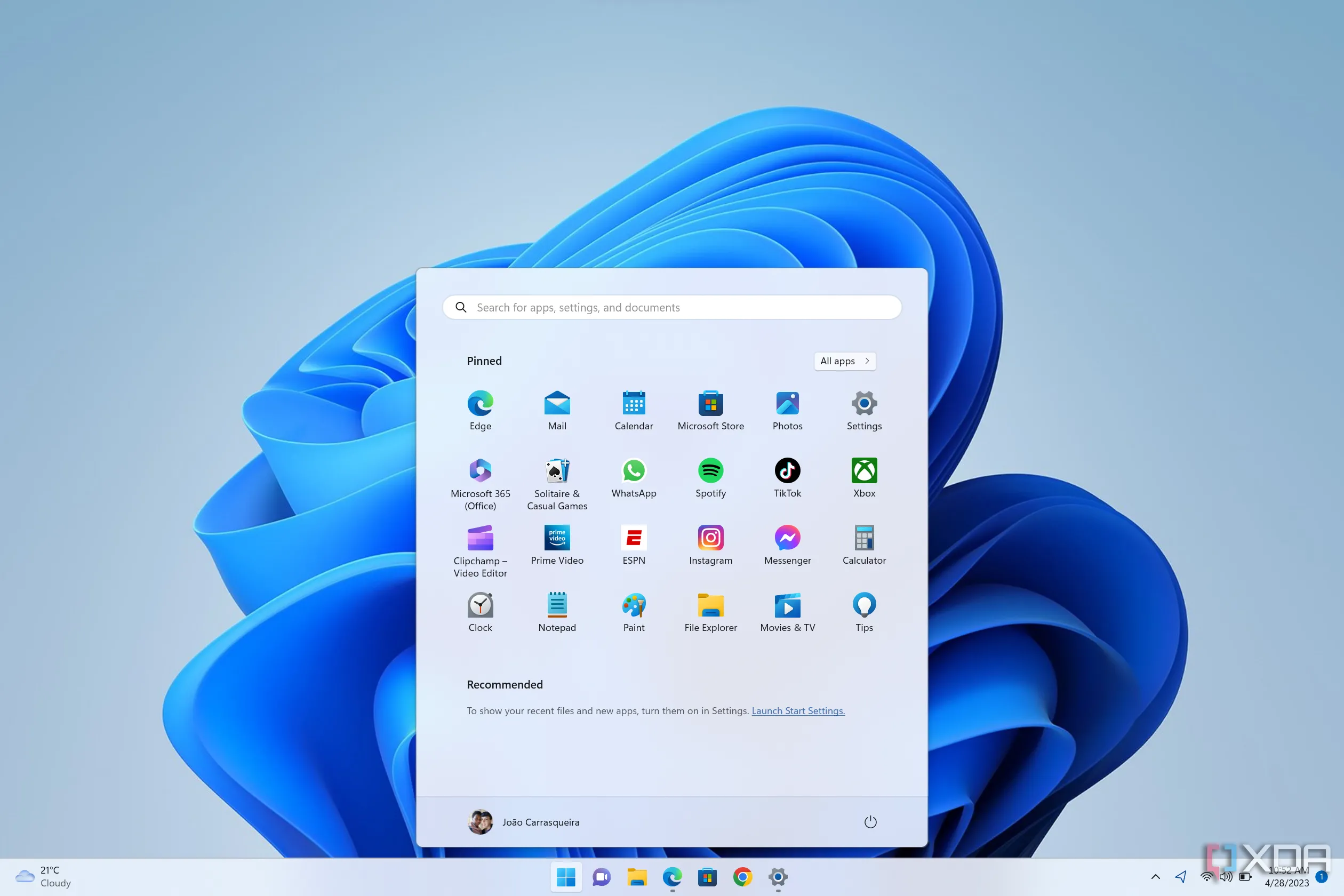 Giao diện Start Menu Windows 11 với mục Recommended đã bị tắt nhưng vẫn chiếm không gian trống
