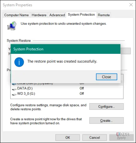 Giao diện tạo điểm khôi phục hệ thống thủ công trên Windows, hỗ trợ sao lưu Registry