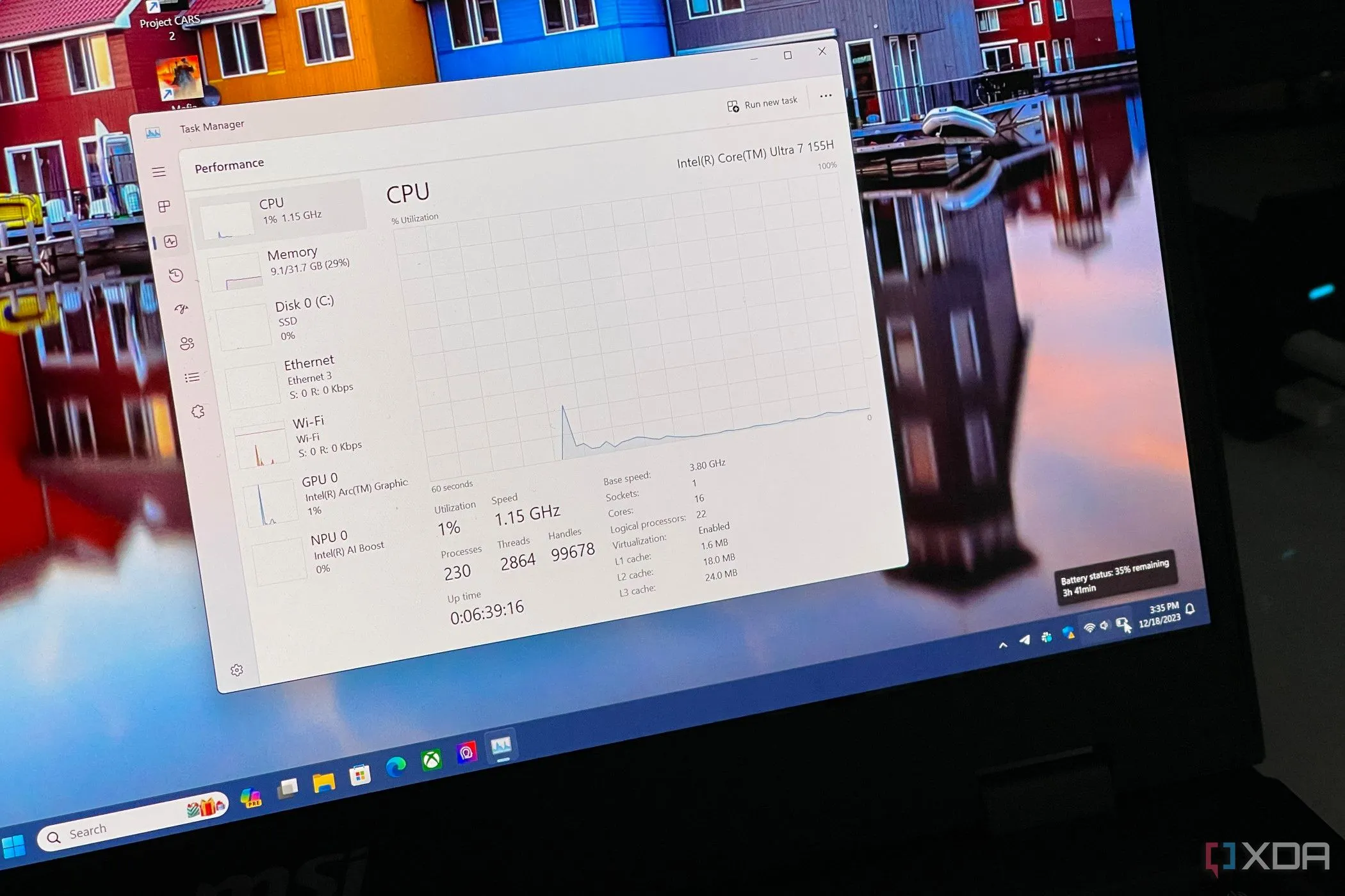 Giao diện Task Manager hiển thị thông tin thời lượng pin và thời gian hoạt động của hệ thống trên laptop MSI Prestige 16 AI Evo