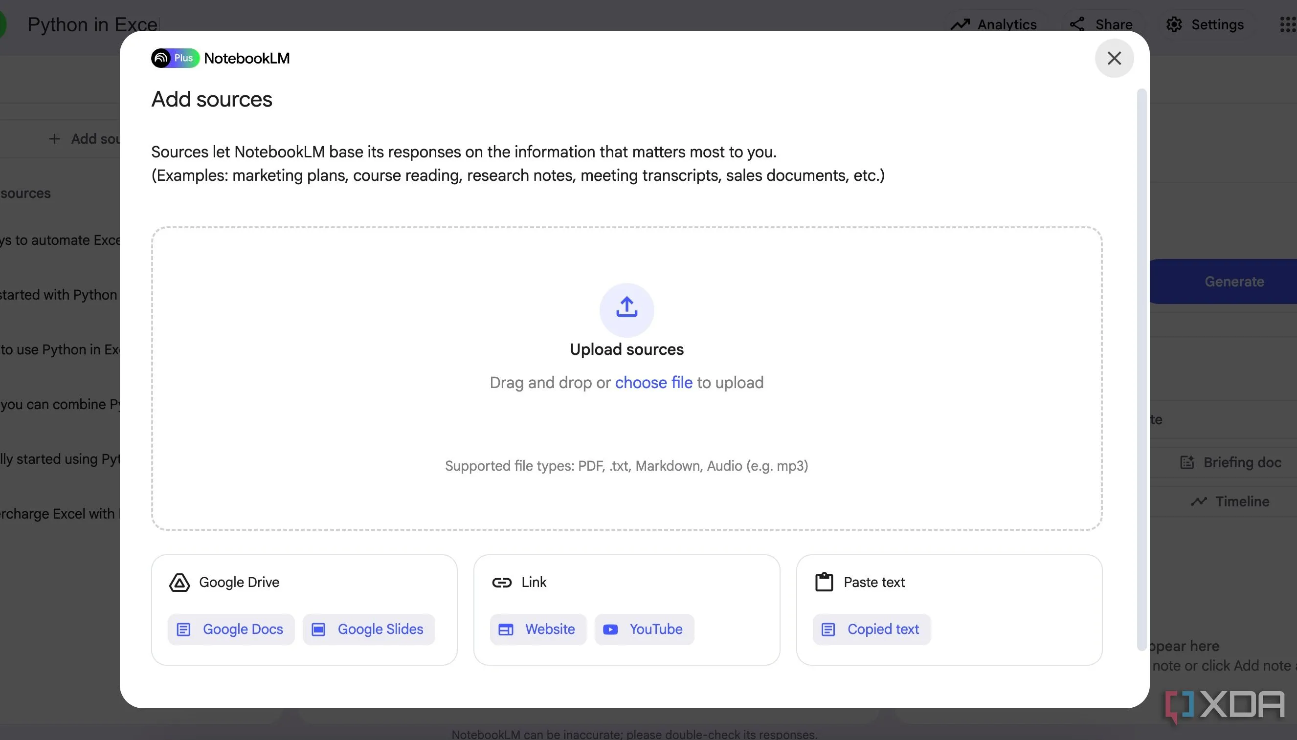 Giao diện thêm nguồn tài liệu vào NotebookLM, bao gồm Google Docs, PDF, và tệp văn bản