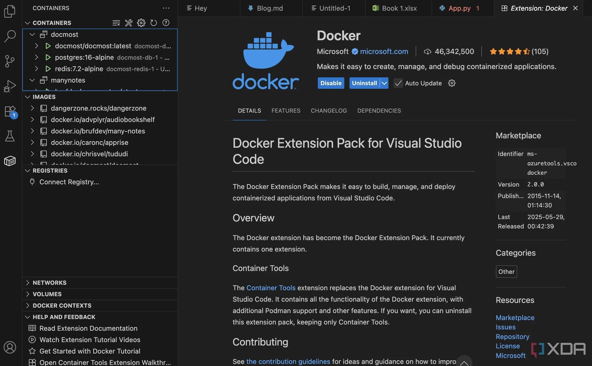 Giao diện tích hợp Docker trong VS Code giúp quản lý container, image và volume một cách trực quan