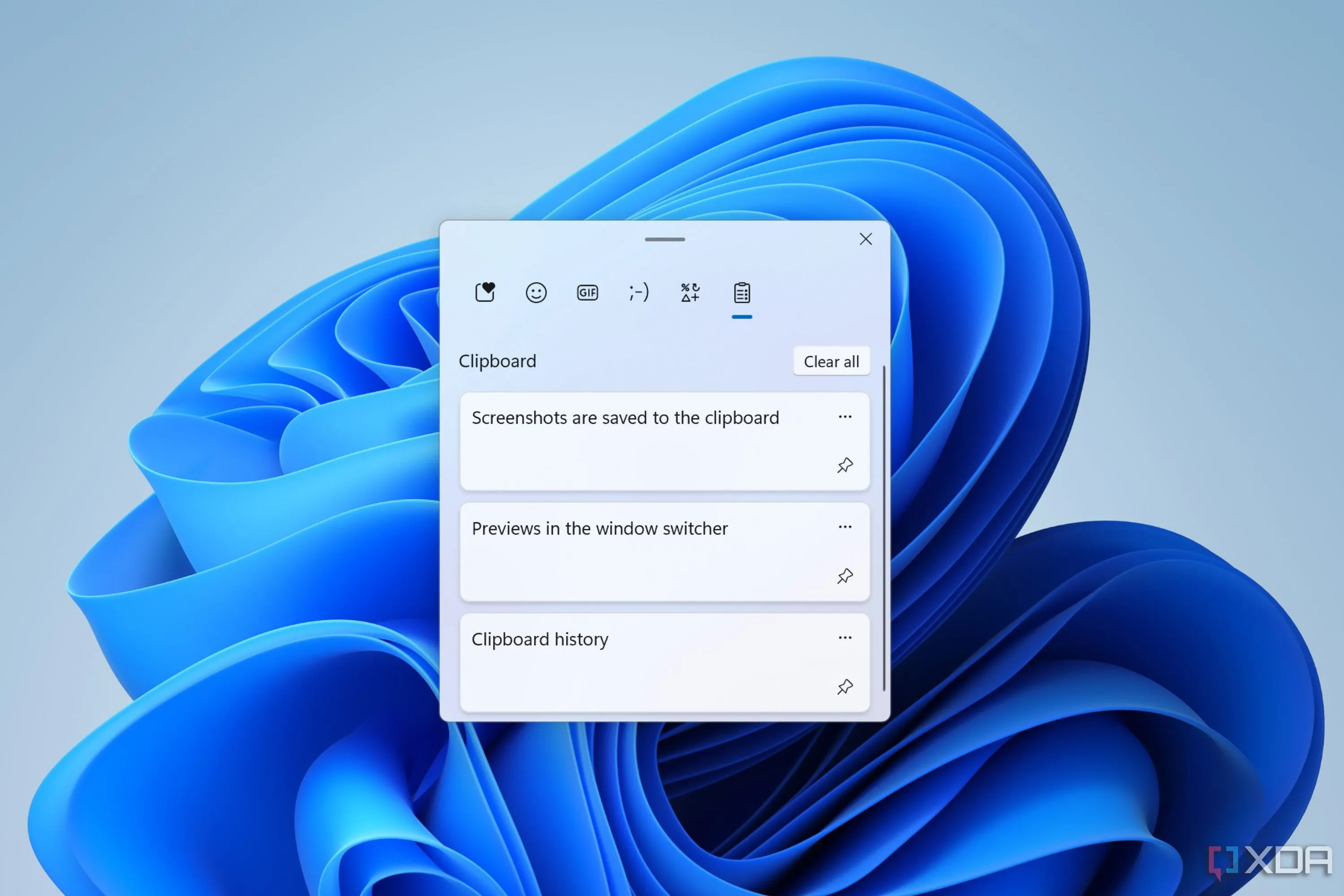 Giao diện tính năng lịch sử clipboard tích hợp của Windows 11, hiển thị các mục đã sao chép.