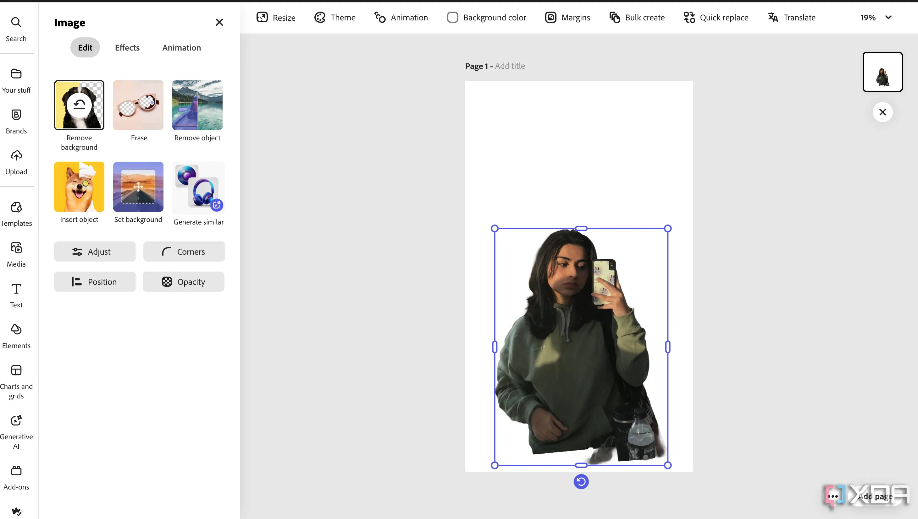 Giao diện tính năng xóa nền của Adobe Express với hình ảnh mẫu đã loại bỏ hậu cảnh