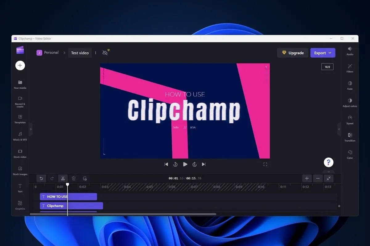 Giao diện trình chỉnh sửa video Clipchamp đang mở trên nền màn hình desktop Windows 11